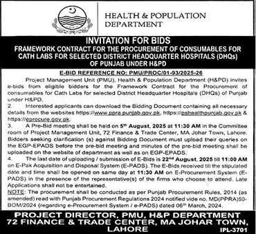 Health & Population Department Lahore Tender Notice